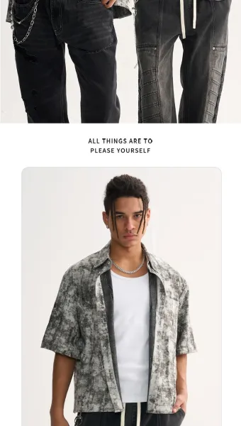 Design Short-Sleeve Oversized Shirt with Abstract Gray Wash Print - 7