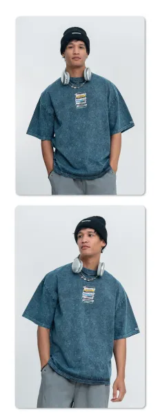 Design Acid Wash Denim T-Shirt with Cassette Tape Graphic - 19