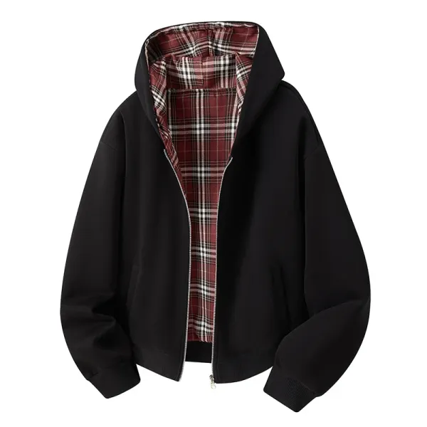 Design Zip-Up Hooded Jacket Black with Plaid Lining Outerwear - 1