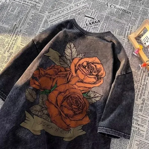 Design Rose Print Acid Wash T-Shirt - 1