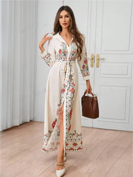 Design Floral Embroidered Belted Shirt Dress Beige - 5