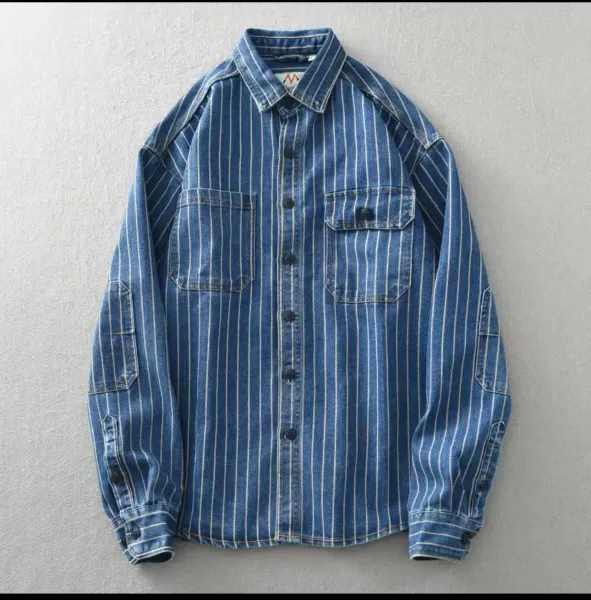 Design Striped Denim Shirt Navy Blue - 3