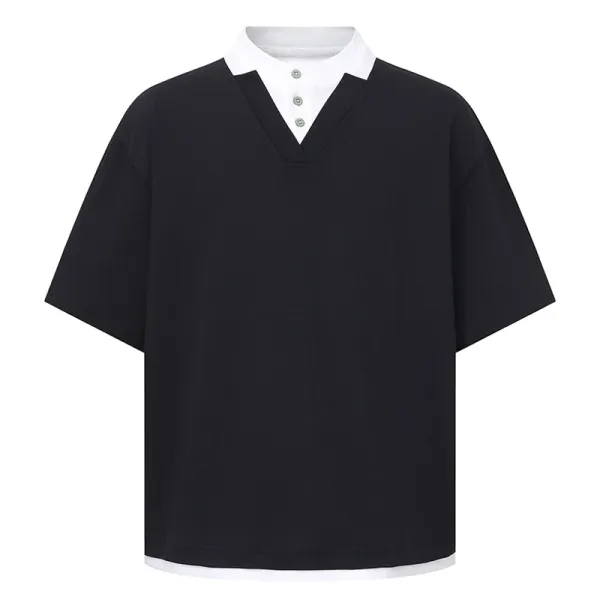 Design Layered Collar V-Neck T-Shirt Black - 1