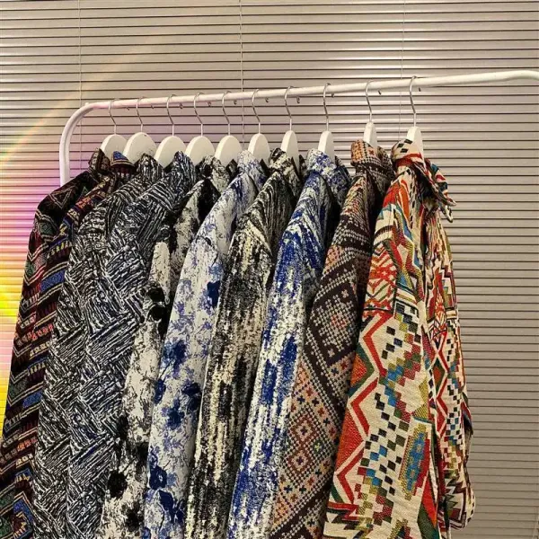 Design Aztec Print Long-Sleeve Button-Up Shirt Black White Tops Shirt - 3