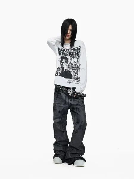 Design Acid Wash Black Wide-Leg Jeans with Studded Pentagram Belt - 5