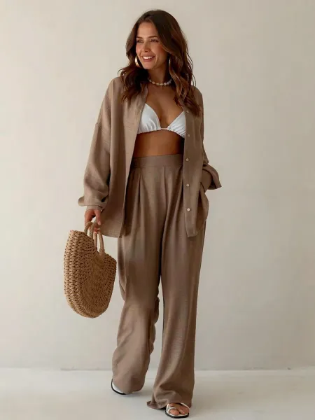 Design Wide-Leg Linen Blend Pant Set in Taupe with Woven Tote Bag - 31