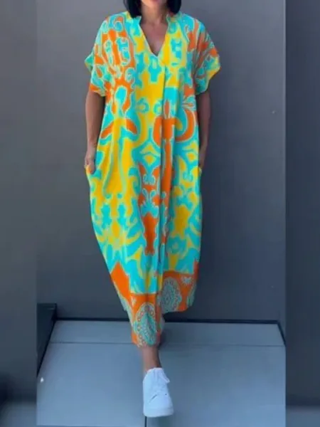 Design Printed V-Neck Midi Dress Blue Pink Multicolor - 4