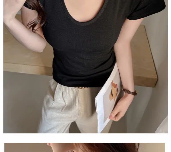 Design V-Neck Ribbed T-Shirt Beige T-Shirt - 22