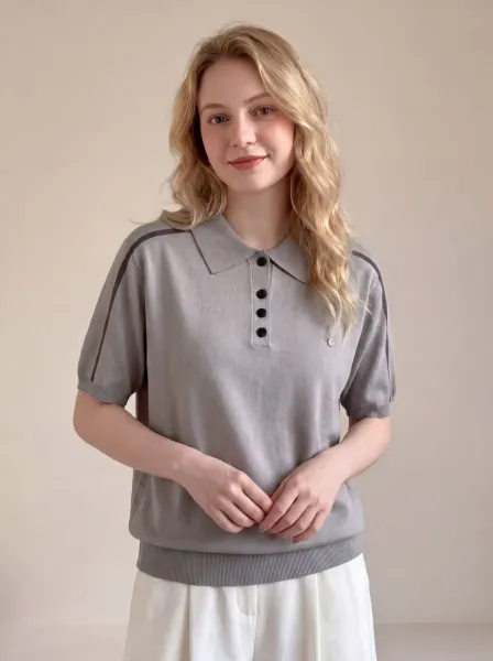 Design Gray Knit Polo Shirt with Contrast Stripe Detail Tops.polo - 1