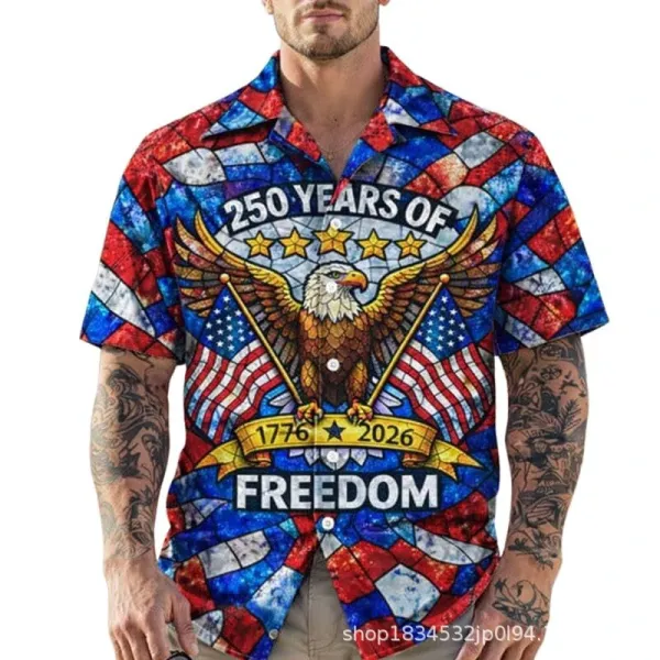 Design Patriotic Print Short-Sleeve Button-Up Shirt Navy Shirt - 6