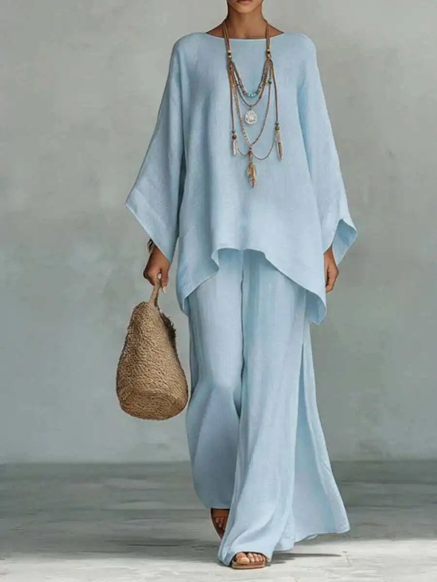 Design Loose Fit Linen Set Navy Blue Two-Piece Outfit - 12