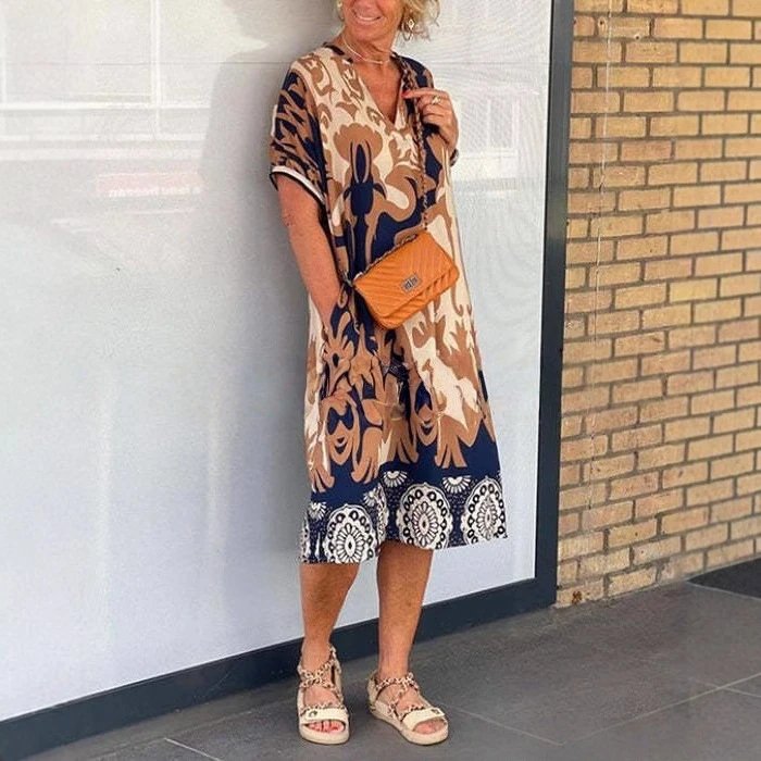 Design Printed V-Neck Midi Dress Blue Pink Multicolor - 8