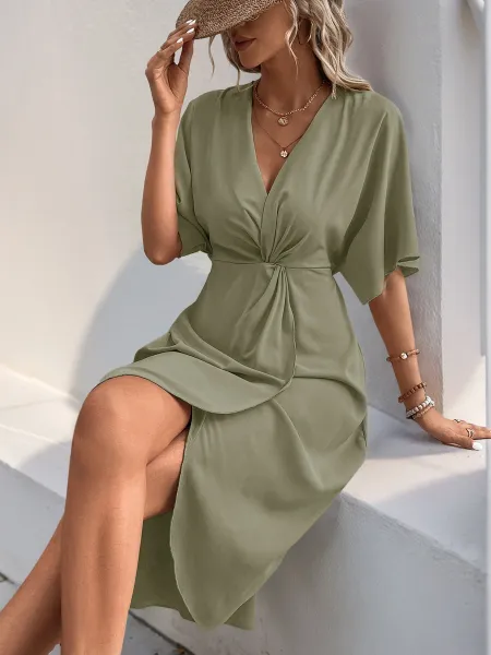 Design Wrap Front V-Neck Midi Dress Burgundy - 26