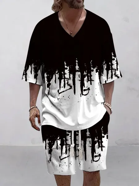 Design Abstract Drip Print V-Neck T-Shirt and Shorts Set Black White - 1