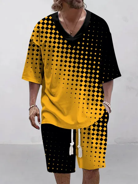 Design Geometric Gradient V-Neck T-Shirt and Shorts Set Yellow Black - 1