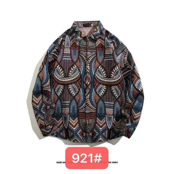 Design Aztec Print Long-Sleeve Button-Up Shirt Black White Tops Shirt - 27