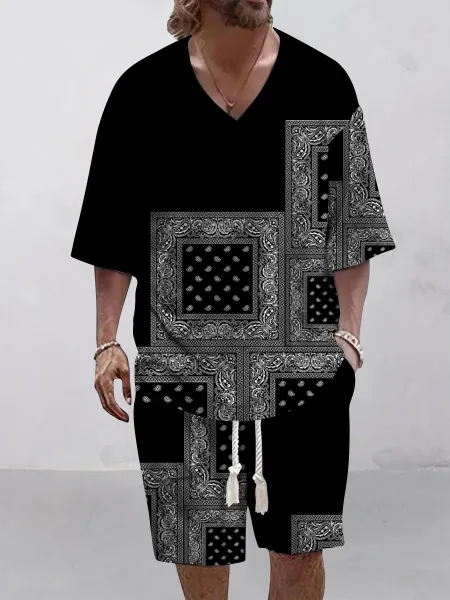 Design Baroque Gold Print V-Neck Short Set Black Casual Set - 9