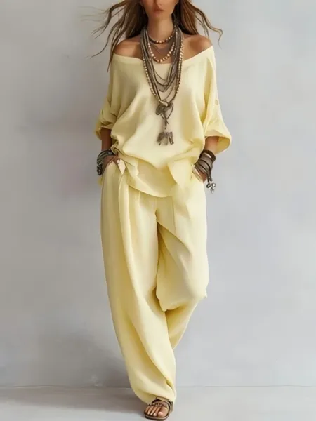 Design Off-Shoulder Flowy Top and Wide-Leg Pants Set Pale Yellow - 6