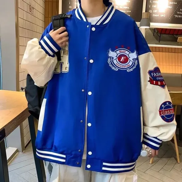 Design Varsity Jacket Navy and Cream Embroidered Letter A Basketball Patch Jacket Outerwear Jacket - 29