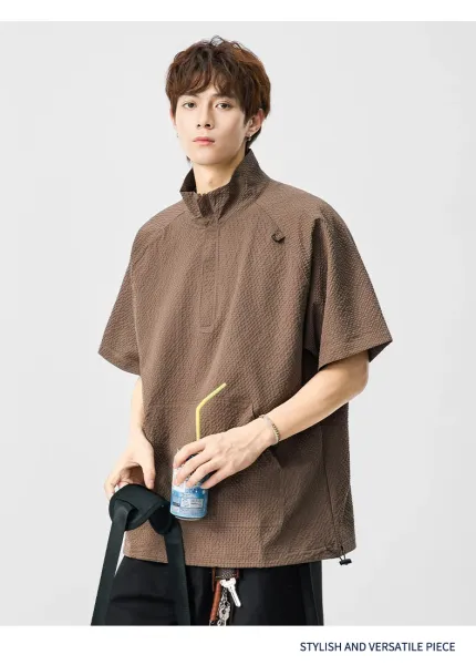 Design Waffle-Textured Half-Zip Poncho Top Brown - 14