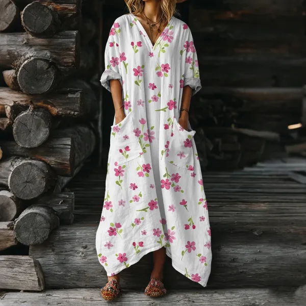 Design Floral Print V-Neck Maxi Dress White Pink - 1