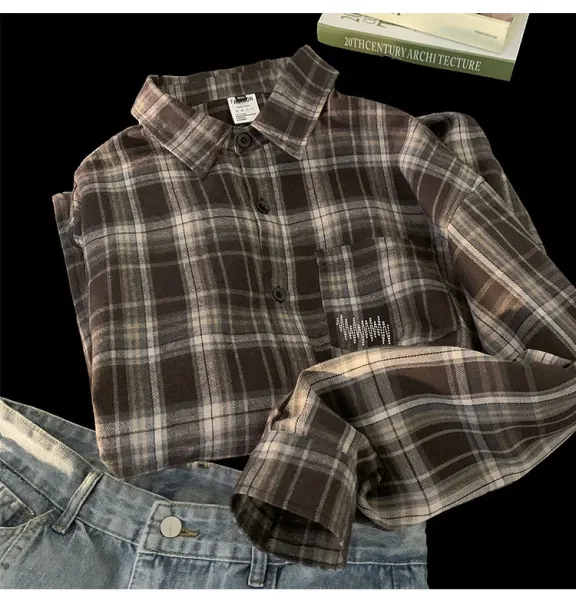 Design Flannel Shirt Brown Gray Plaid Shirt - 7