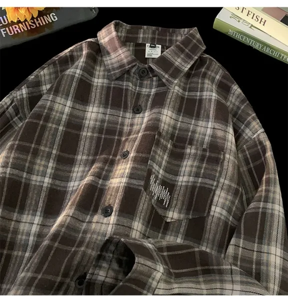 Design Flannel Shirt Brown Gray Plaid Shirt - 14
