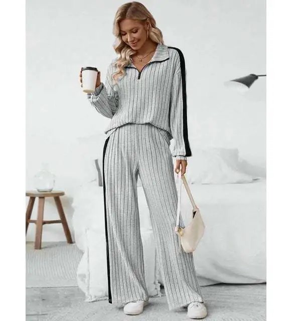 Design Ribbed Knit Track Set Gray with Black Stripe Pants and Top - 9