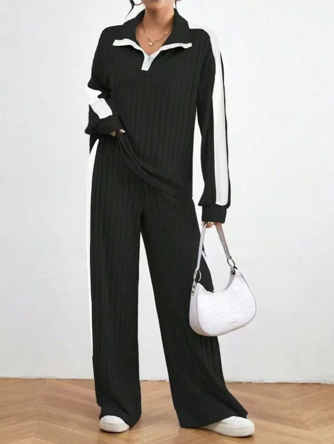 Design Ribbed Knit Track Set Gray with Black Stripe Pants and Top - 17