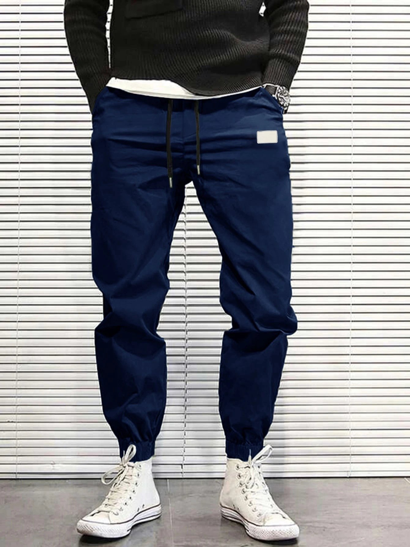 Design Jogger Pants Black with Drawstring Waist and Cuff Detail - 12