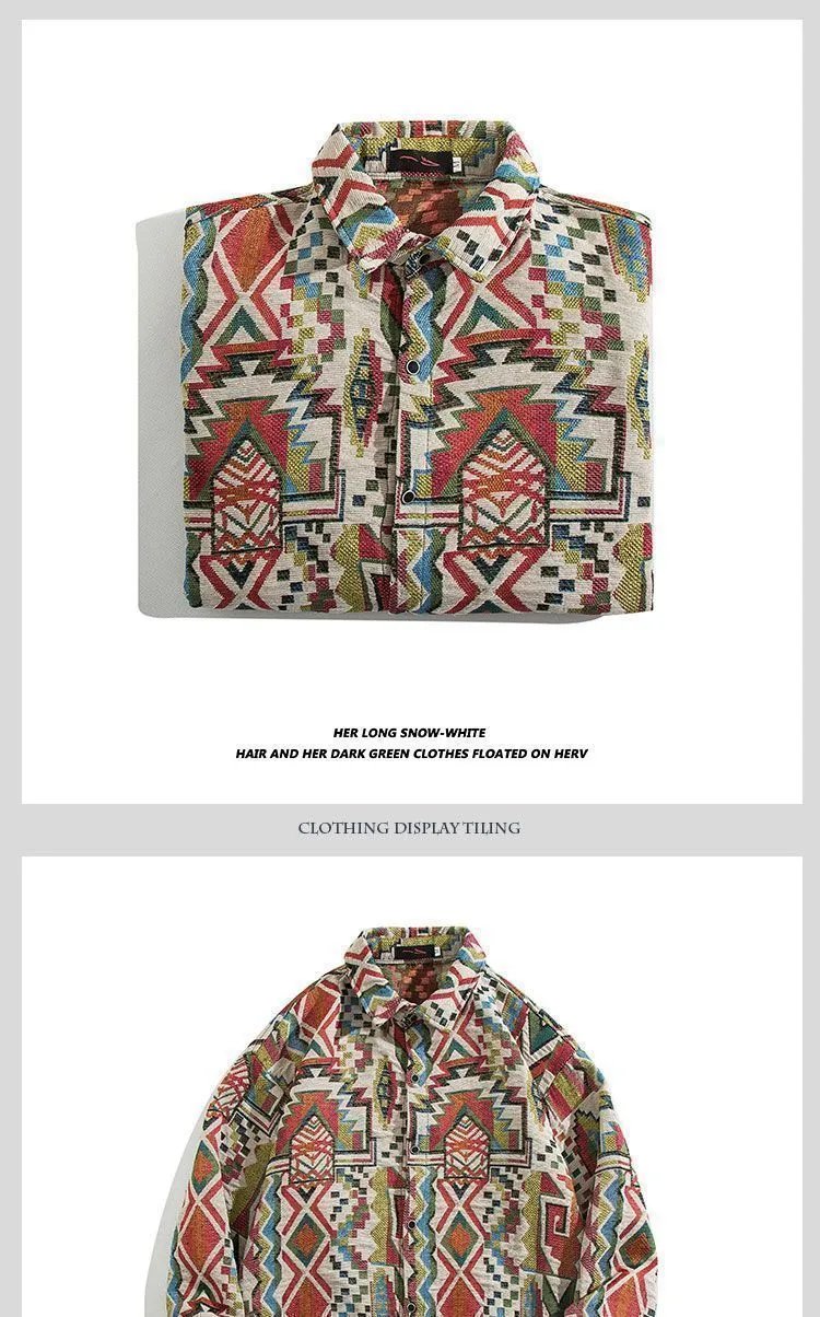 Design Aztec Print Long-Sleeve Button-Up Shirt Black White Tops Shirt - 5