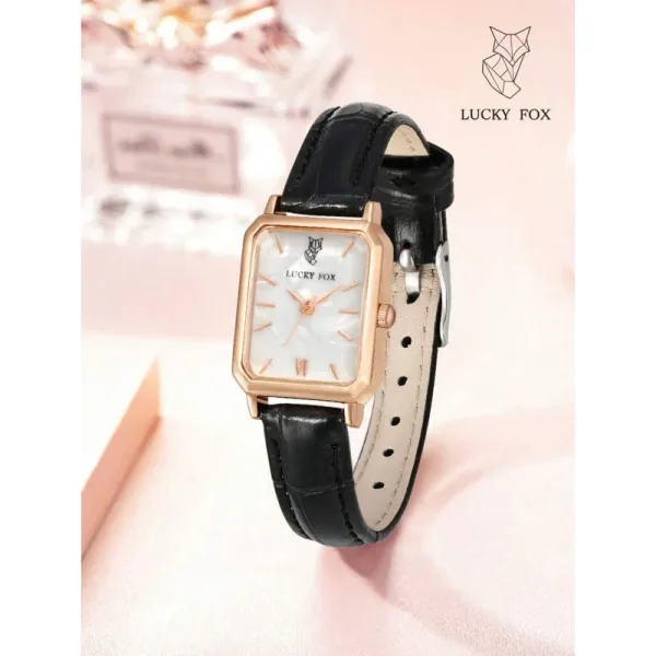 Design Lucky Fox Rectangular Mother-of-Pearl Dial Rose Gold Watch Black Leather Strap Watches - 1