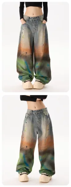 Design Oversized Paint-Splatter Washed Denim Jeans - 7
