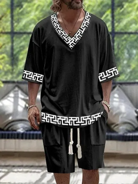 Design Baroque Gold Print V-Neck Short Set Black Casual Set - 7