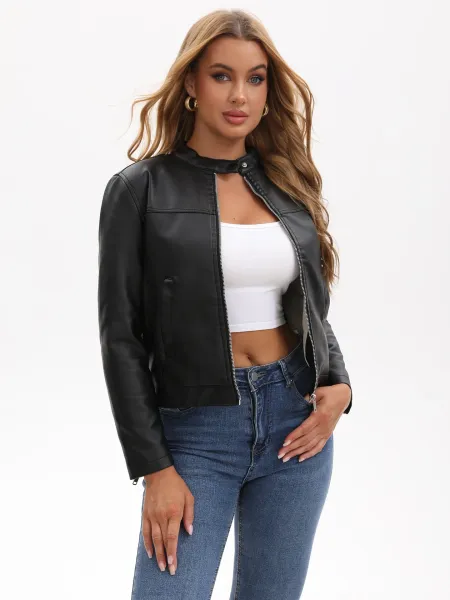 Design Faux Leather Moto Jacket Navy - 3