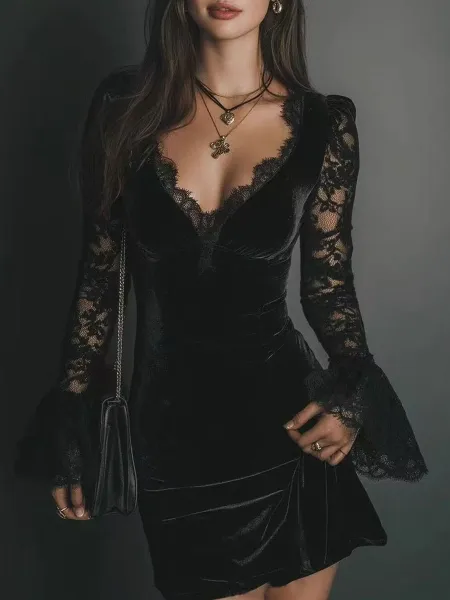 Design Black Velvet Lace Sleeve Mini Dress - 7