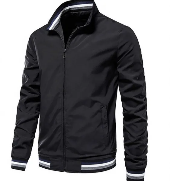 Design Windbreaker Jacket Black with Stripe Trim Outerwear.windbreaker - 1