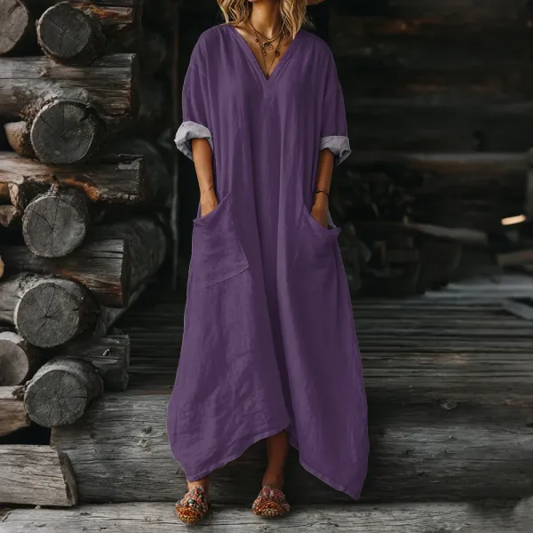Design Loose V-Neck Pocket Maxi Dress Purple - 1