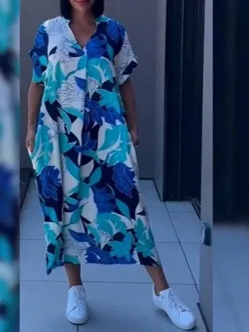Design Floral Print V-Neck Kaftan Dress Multicolor - 1