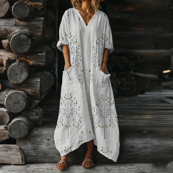 Design Floral Print Linen V-Neck Maxi Dress White - 1
