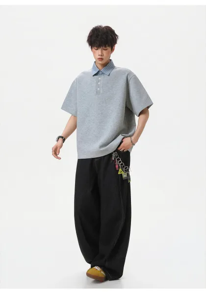 Design Layered Collar Polo Navy Blue Tops Polo - 15