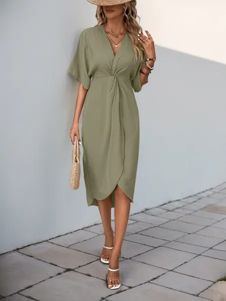 Design Wrap Front V-Neck Midi Dress Burgundy - 22