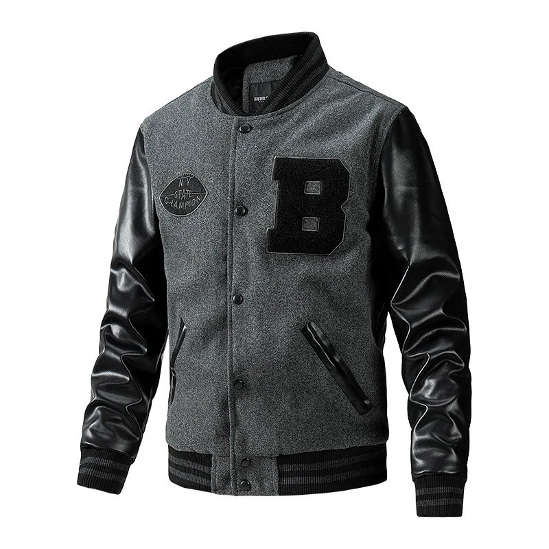 Mitchell & Ness Letterman Jacket Gray Black Outerwear Jacket - 1