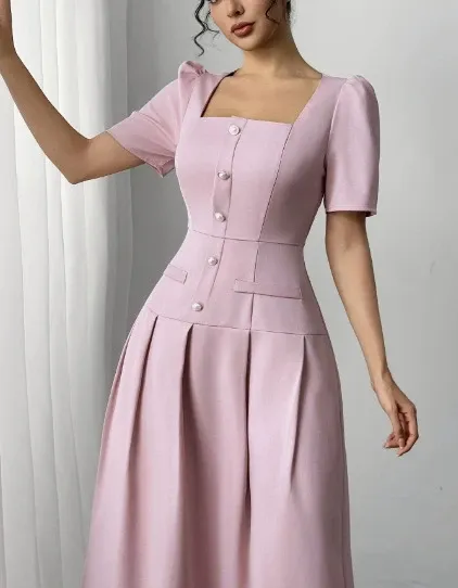 Design Square Neck Pleated Midi Dress Pink Dress Formal Dress - 8