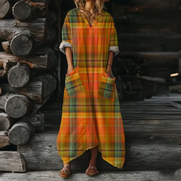 Design Plaid Maxi Dress with Patch Pockets in Autumn Multicolor - 1