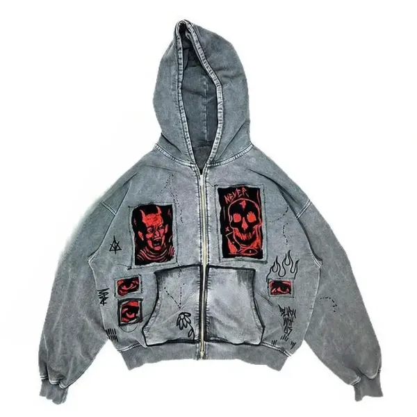 Hellstar Studios Distressed Denim Hoodie with Red Devil and Skull Patches Gray - 1