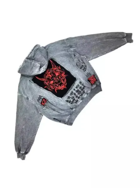 Hellstar Studios Distressed Denim Hoodie with Red Devil and Skull Patches Gray - 4