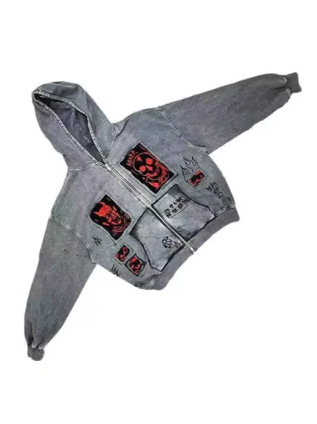 Hellstar Studios Distressed Denim Hoodie with Red Devil and Skull Patches Gray - 7