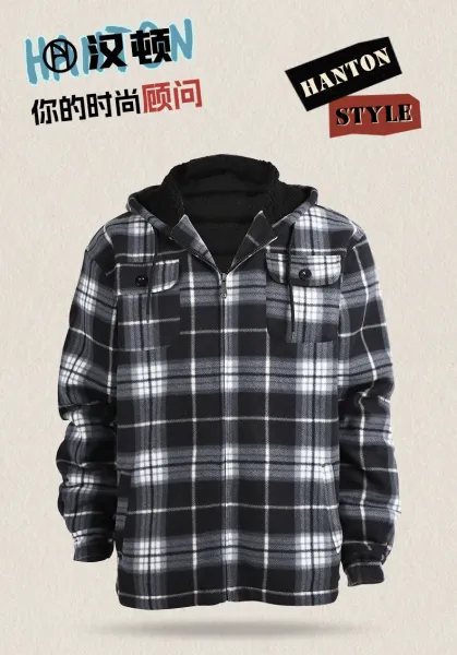 Design Flannel Hooded Jacket Army Green Black Plaid Outerwear - 6