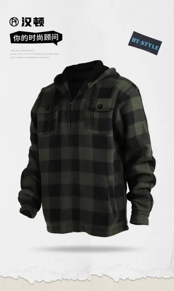 Design Flannel Hooded Jacket Army Green Black Plaid Outerwear - 8